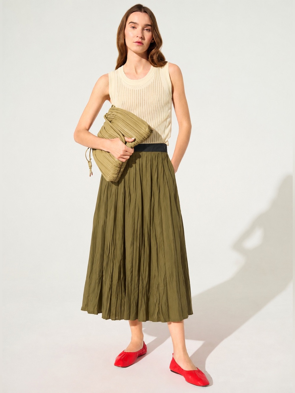 Cotelac Pleated Midi Skirt Olive Green Cupro Silky Size 2 *730